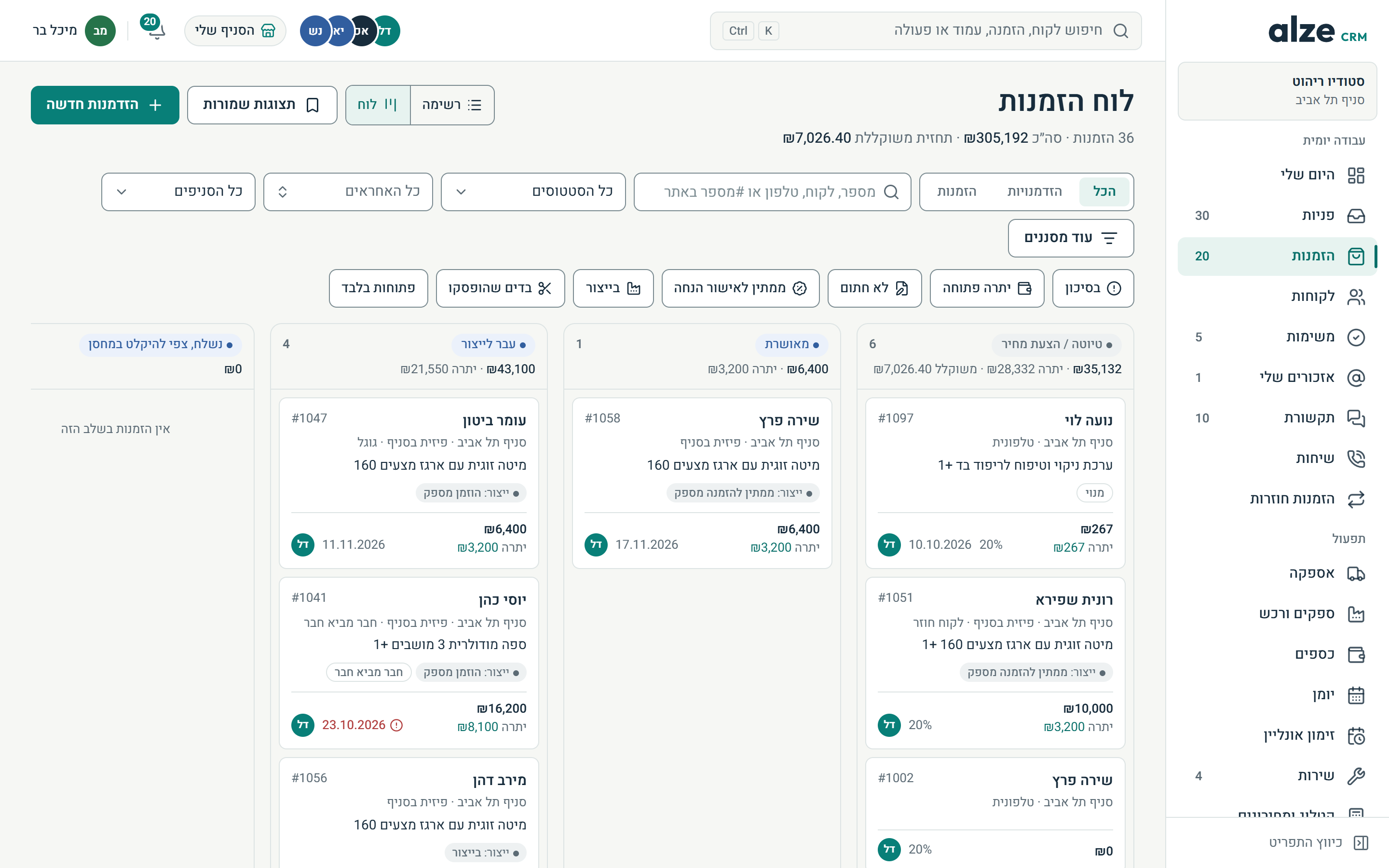 לוח הזמנות לפי שלב: טיוטה והצעת מחיר, מאושרת, עבר לייצור, עם סכום, יתרה ומועד לכל הזמנה
