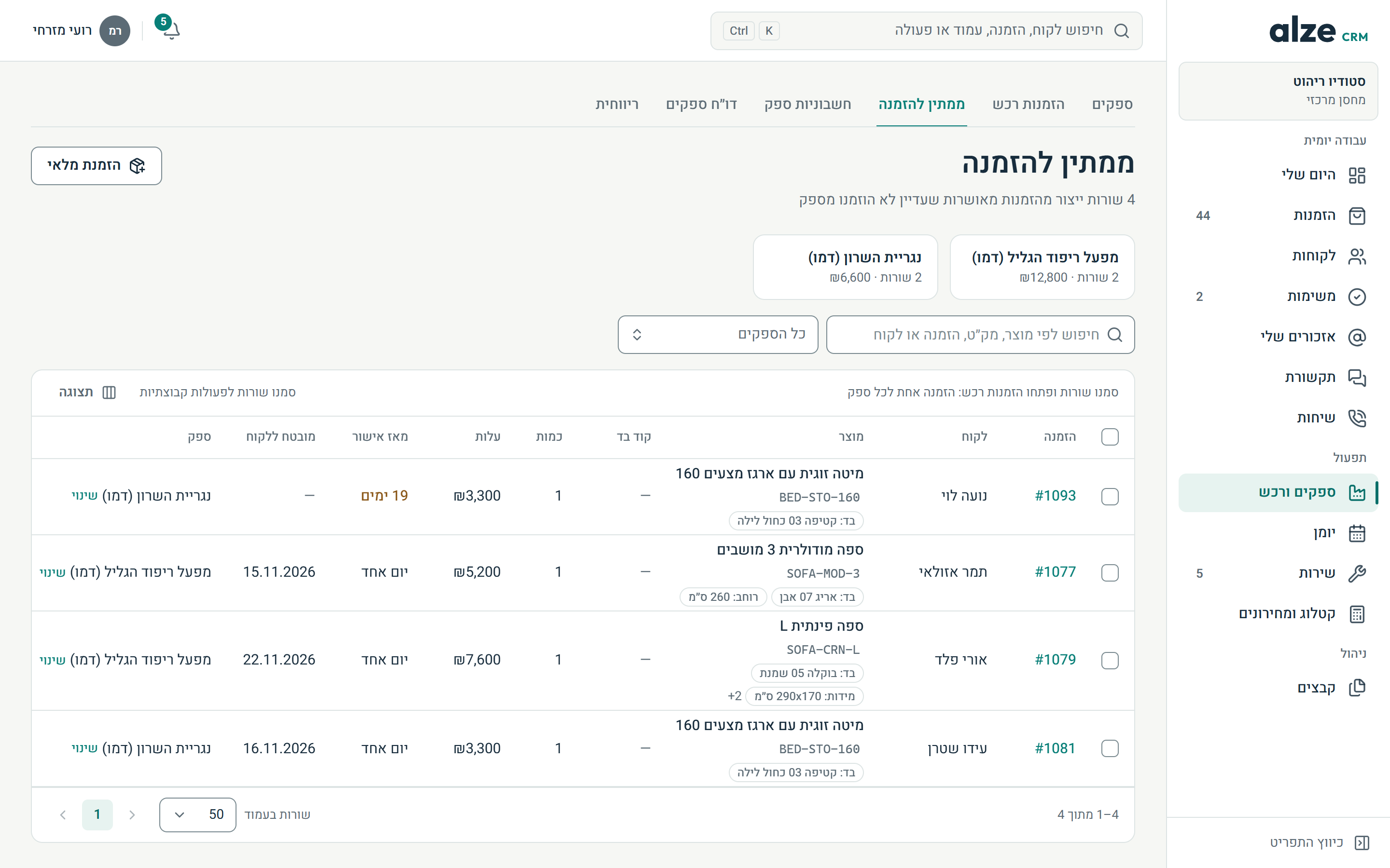 רשימת ממתין להזמנה: שורות מהזמנות לקוח מקובצות לפי ספק, עם לקוח, מוצר, עלות, זמן מאז אישור ומועד שהובטח